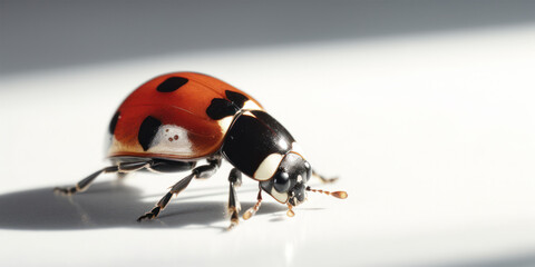 Fototapeta premium Cute shiny ladybug on white background with copy space for text. Generative AI