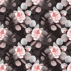Seamless floral pattern with white rose flowers on dark background.