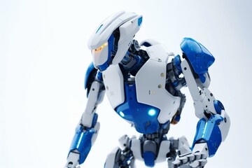 A blue and white robot depicted on a white background, showcasing automated operation, blockchain optimization, and composed in 3D CG. In PNG file format. Generative AI