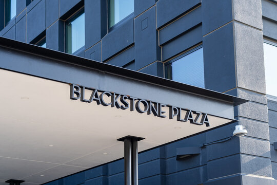 Omaha, NE, USA - May 6, 2023: Blackstone Plaza building entrance in Omaha, NE, USA. Blackstone Plaza (formerly named as Kiewit Plaza) is a high-rise office building located at 3555 Farnam Street in Om