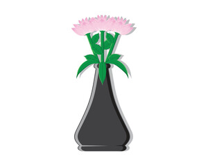 vector design of a black flower vase with three whitish pink flowers on the corolla of the three flowers and their three green stalks and leaves placed in the flower vase