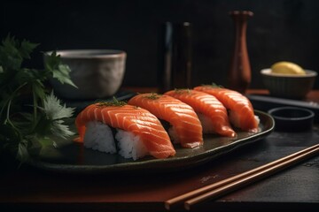 Sushi with fresh salmon served on plates. Generative AI