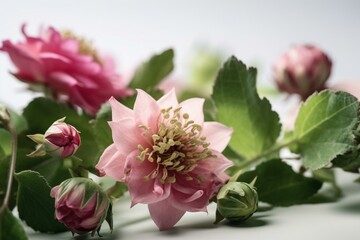 Close-up of pink and green flowers on white background. Generative AI