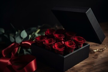 Valentine's boxed gift and rose bouquet. Generative AI