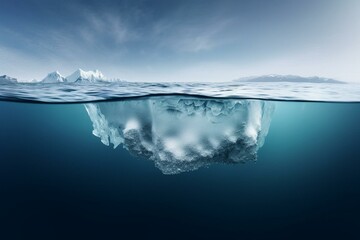 Fototapeta na wymiar A huge white iceberg floats in frigid waters with an amazing clear underwater view. Representing polar geography at its finest. Generative AI