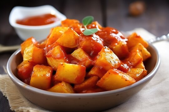 Heap of patatas bravas (spanish fried potatoes topped with spicy hot sauce)