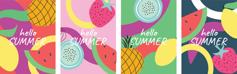 Vector colored drawing abstract fruits on a colorful background. Banner template, poster, hello summer. Design elements.