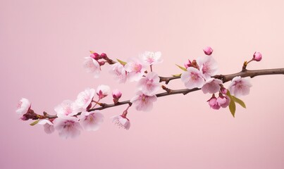 a branch with pink flowers on it against a pink background.  generative ai