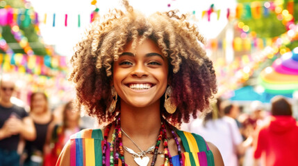 Fototapeta premium Pride June. Amidst rainbow hues, a LGBTQ+ afro-american woman beams with joy, united with others in vibrant pride, celebrating individuality and love at a colorful event. Generative AI