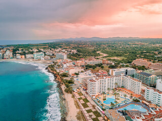 Sa Coma Beach at Sunset/Golden Hour, Mallorca from Drone, Spain