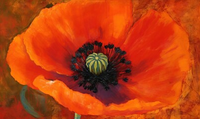  a painting of a large orange flower with a green center.  generative ai