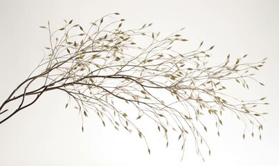  a tree branch with green leaves on a white background with a white sky in the background.  generative ai