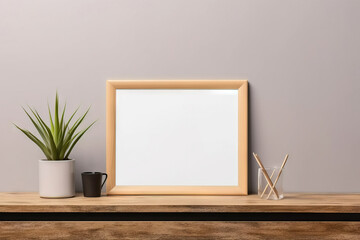 horizontal blank frame on a modern table with trendy plant