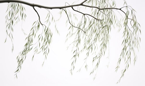  a tree branch with green leaves against a white sky background.  generative ai