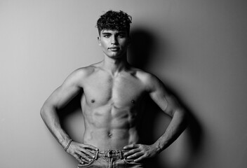 Fototapeta premium man adult black and white sport athletic studio jeans bodybuilding naked trend fashion strength