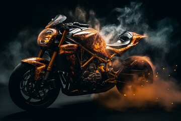 Motorcycle emitting orange and yellow smoke with reflected image on black background. Generative AI