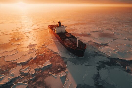 Winter sunrise: chemical tanker navigates icy Finnish archipelago. Hazy air, ice floes on sea surface - an aerial view. Generative AI