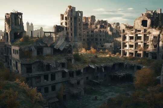 AI-generated image of post-war abandoned city in ruins. Generative AI