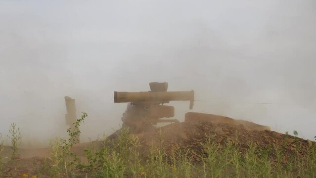Soldier with antitank grenade launcher. R. P. G. shooter shooting