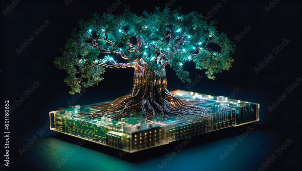 Poster an electronic circuit concept with a tree as it grows