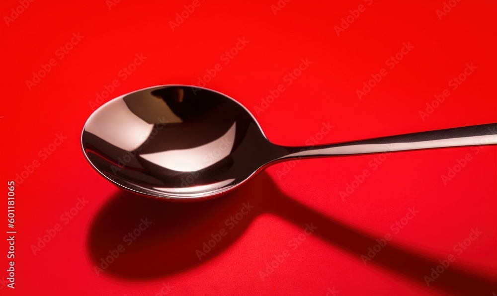 Poster a silver spoon on a red surface with a shadow on it. generative ai
