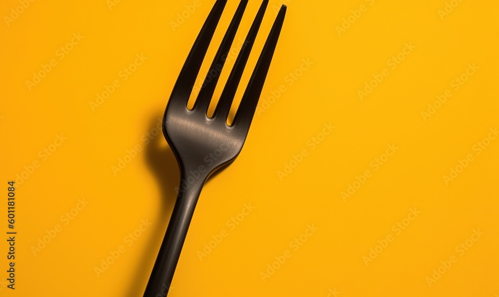 Poster a black fork on a yellow background with a black handle. generative ai