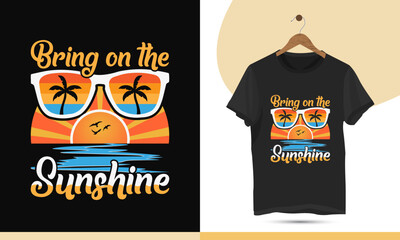 Summer sunglasses t-shirt design vector template. This design is for a beach party with a sunrise, palm tree, bird, and sea silhouette. Design Quote - Bring on the sunshine