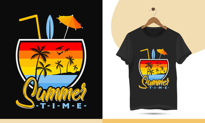 Coconut summertime t-shirt design vector template. High-quality design with a palm tree, Surfboard, stro, and illustration art.