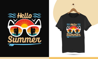 Hello, Summer retro-style t-shirt design template. Editable and customizable summer illustration for a shirt, mug, greeting card, and Poster.
