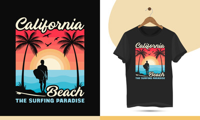 California Beach The Surfing Paradise - Summer retro color-style t-shirt design template. Illustration with a surfboard, palm tree, bird surfman, and sunrise theme.