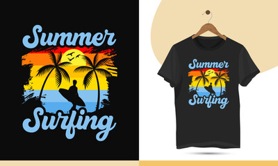 Summer Surfing retro color-style t-shirt design template. Illustration with a Palm tree, Surfboard, and bird silhouette.