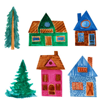 Set of watercolor small houses and pine trees.