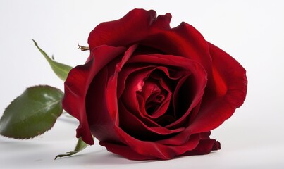  a single red rose with a green stem on a white background.  generative ai