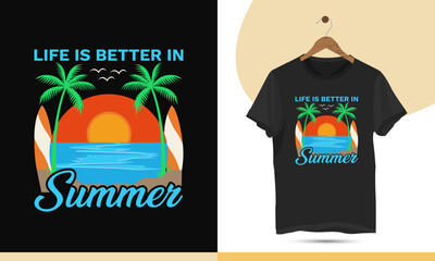 Summer sunrise t-shirt design vector template. A beautiful and eye-catching Beach illustration art good for Clothes, bags, caps, and Mug designs.