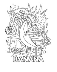 Banana coloring page, with a big B to introduce letter B to kids.