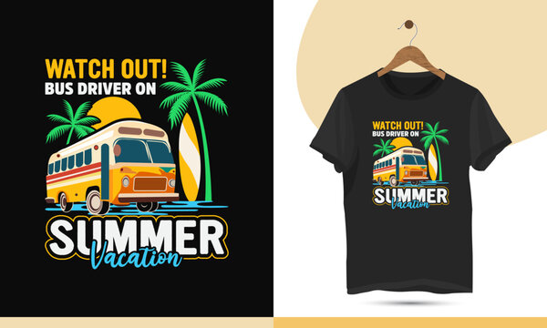 Summer vacation beach travel t-shirt design vector template. Graphic illustration with a bus, Palm tree, surfboard, and sunrise theme. it can be used for kids, shirts, mugs, and other print items.