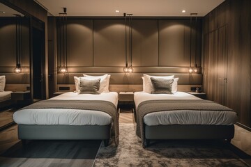 Elegant double-bed hotel room. Generative AI