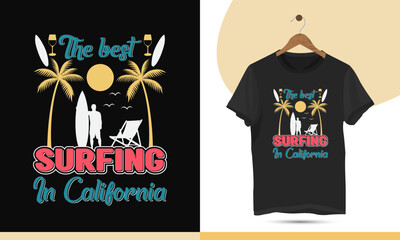 The best surfing in California - summer t-shirt design template. Illustration with a sun, surfboard, palm tree, bird, and drink glass silhouette.
