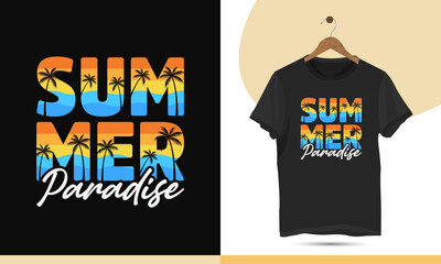 Summer Paradise vintage retro color-style typography t-shirt design template. The concept for beach lovers. Vector illustration with a palm tree, and sea.