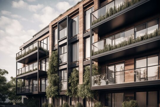 Modern apartment building exterior. 3D render. Generative AI