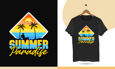 Summer Paradise vintage retro color-style t-shirt design template. The concept for beach lovers. Vector illustration with a palm tree, beach man, and summer theme.