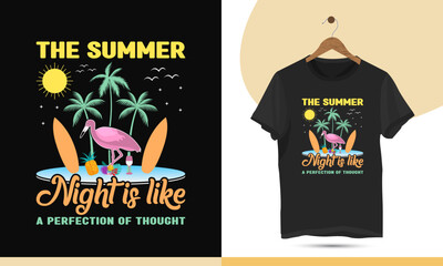 Summer funny vector t-shirt design template. Illustration of the sun, palm tree, surfboard, and flamingo silhouette. Design quote - The summer night is like a perfection of thought.
