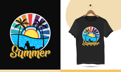 Summer t-shirt design vector template. Enjoy the beach party in Hawaii, Monica, Miami, California, paradise, and Florida with creative art.