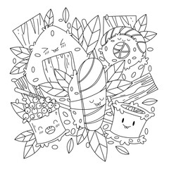 Cute sushi and rolls in kawaii Japanese traditional cuisine dishes black and white outline for coloring pages