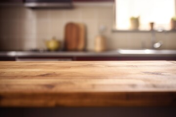 Fototapeta na wymiar blurred kitchen background and wooden display table -Ai