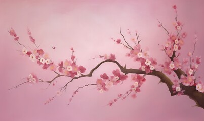  a painting of a branch with pink flowers on a pink background.  generative ai