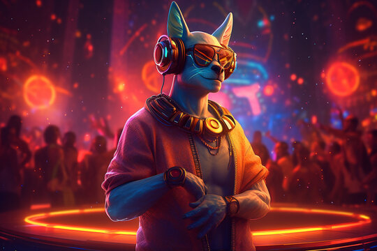 Psychedelic Hybrid Party: AI-Generated Party DJ Animals Inspired by Egyptian God Anubis Vivid Design