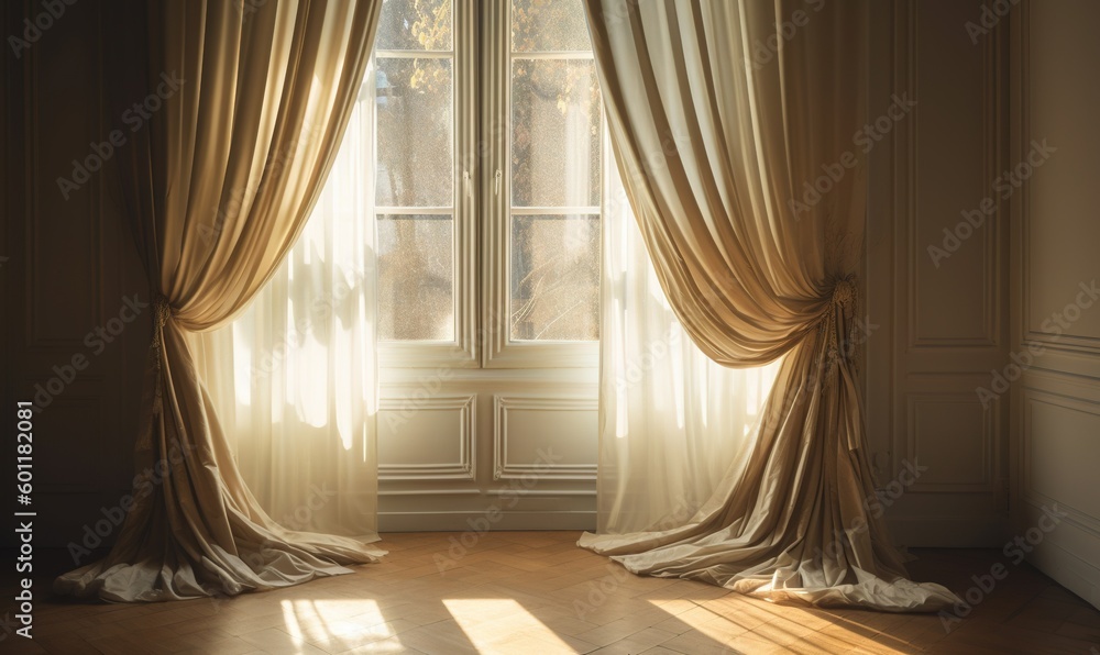 Poster a room with a large window and a curtained window. generative ai