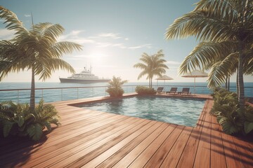 Fototapeta na wymiar 3D illustration of pool deck with palm tree overlooking the ocean under sunny skies. Generative AI