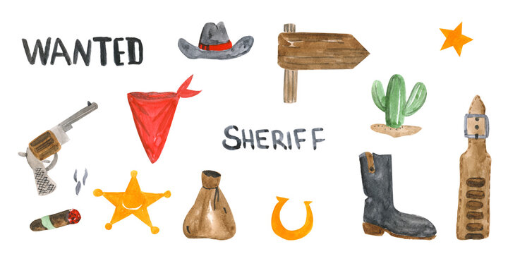 Sheriff and cowboys watercolor elements set wanted